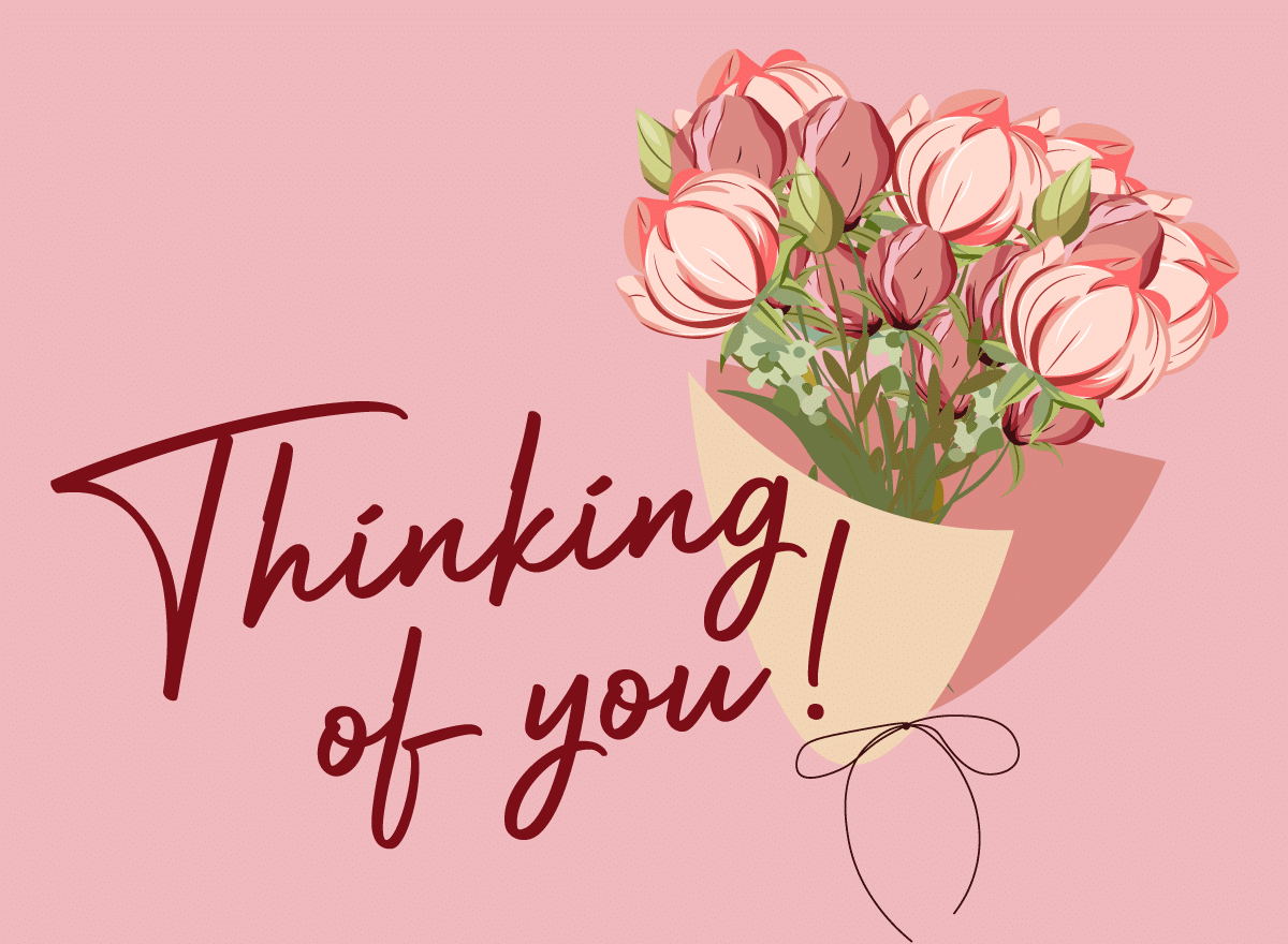 540×360-thinking13 Digital card showing a bouquet of pink flowers with green leaves wrapped in paper on a pink background. The text "Thinking of you!" is written in dark red cursive.
